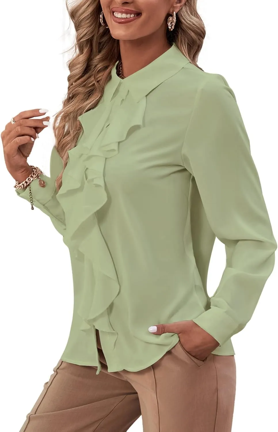 LYANER Women's Collar Neck Button Down Ruffle Front Long Sleeve Blouse Shirt Top