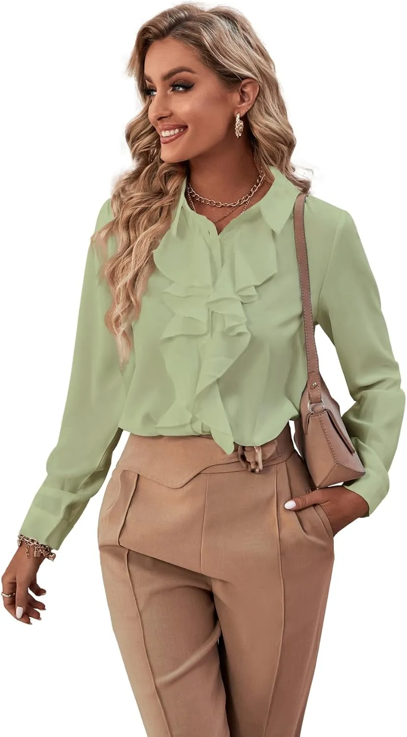 LYANER Women's Collar Neck Button Down Ruffle Front Long Sleeve Blouse Shirt Top