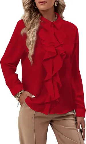 LYANER Women's Collar Neck Button Down Ruffle Front Long Sleeve Blouse Shirt Top
