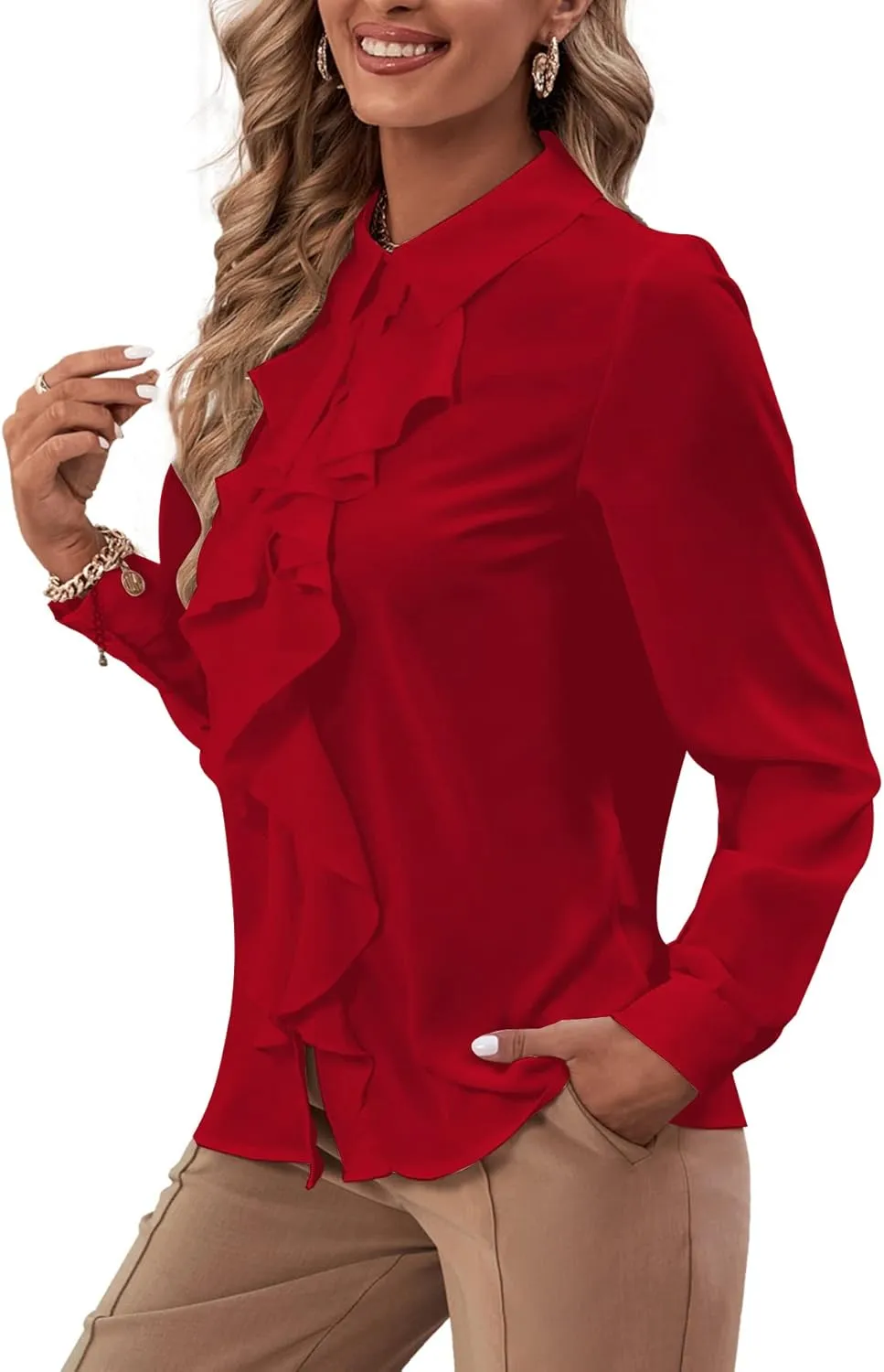 LYANER Women's Collar Neck Button Down Ruffle Front Long Sleeve Blouse Shirt Top