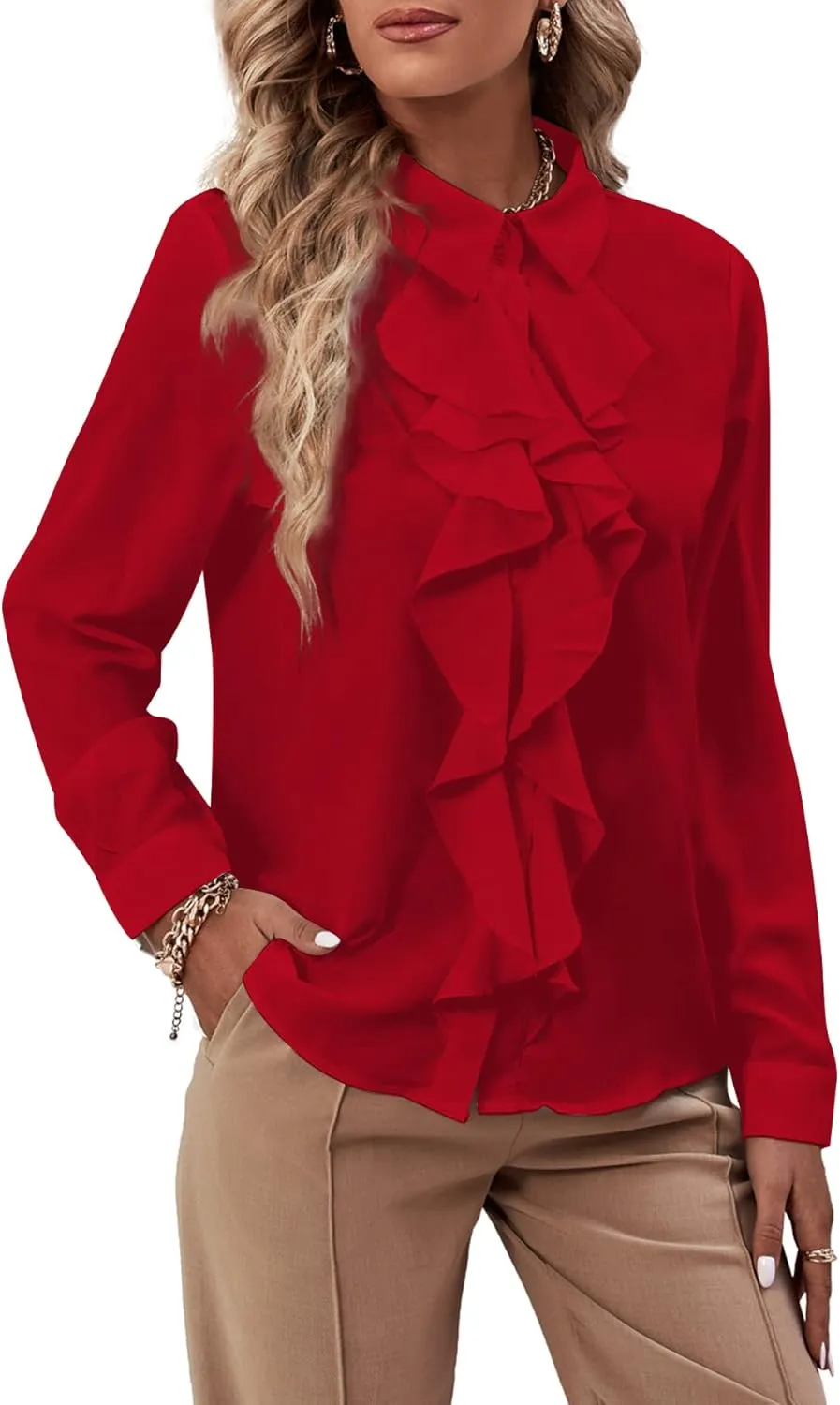LYANER Women's Collar Neck Button Down Ruffle Front Long Sleeve Blouse Shirt Top