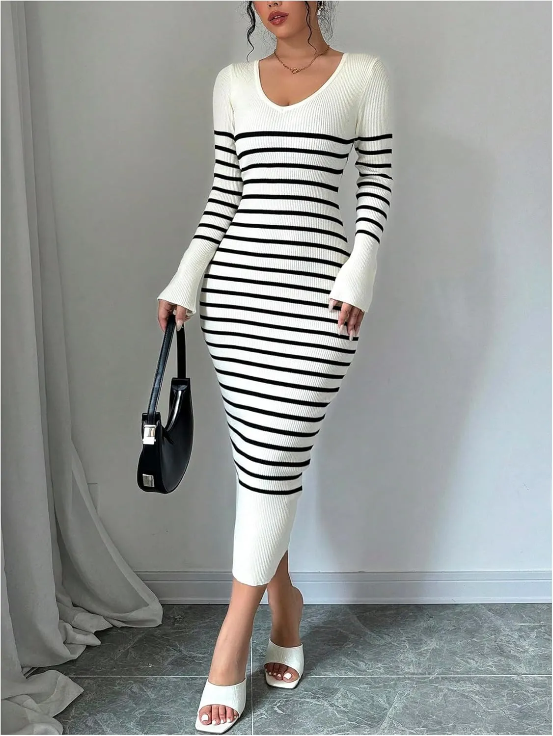 MakeMeChic Women's Striped V Neck Sweater Dress Long Sleeve Bodycon Midi Dresses