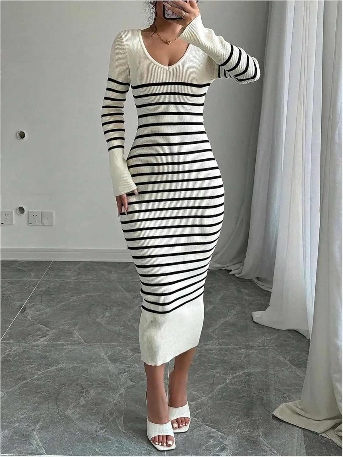 MakeMeChic Women's Striped V Neck Sweater Dress Long Sleeve Bodycon Midi Dresses