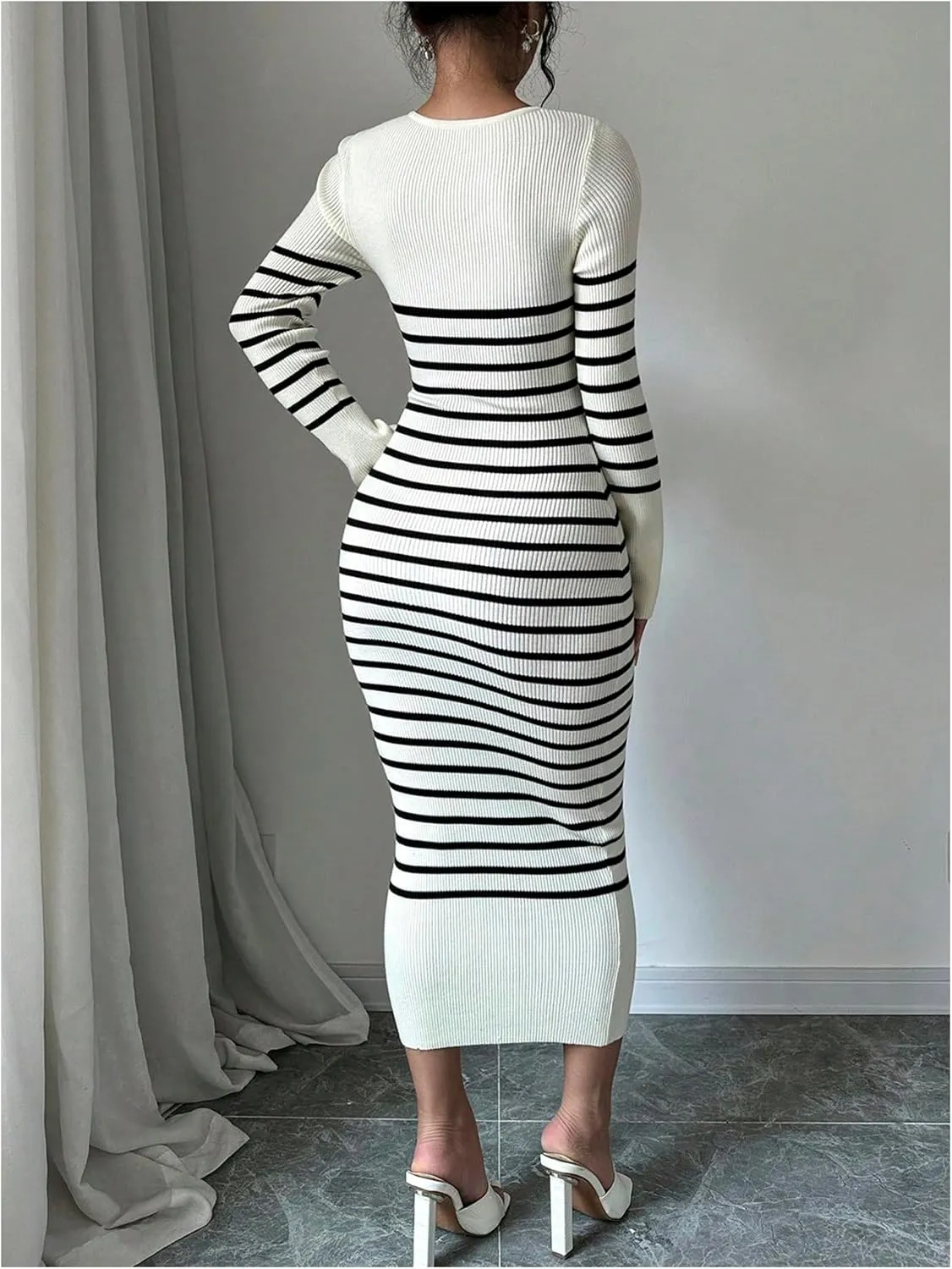 MakeMeChic Women's Striped V Neck Sweater Dress Long Sleeve Bodycon Midi Dresses