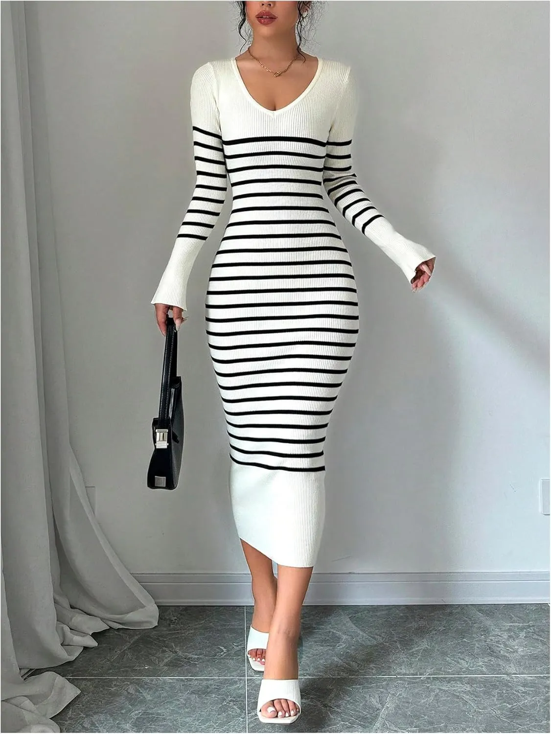 MakeMeChic Women's Striped V Neck Sweater Dress Long Sleeve Bodycon Midi Dresses