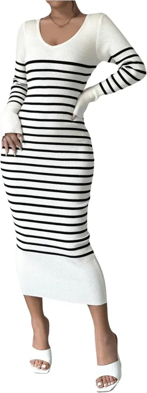 MakeMeChic Women's Striped V Neck Sweater Dress Long Sleeve Bodycon Midi Dresses