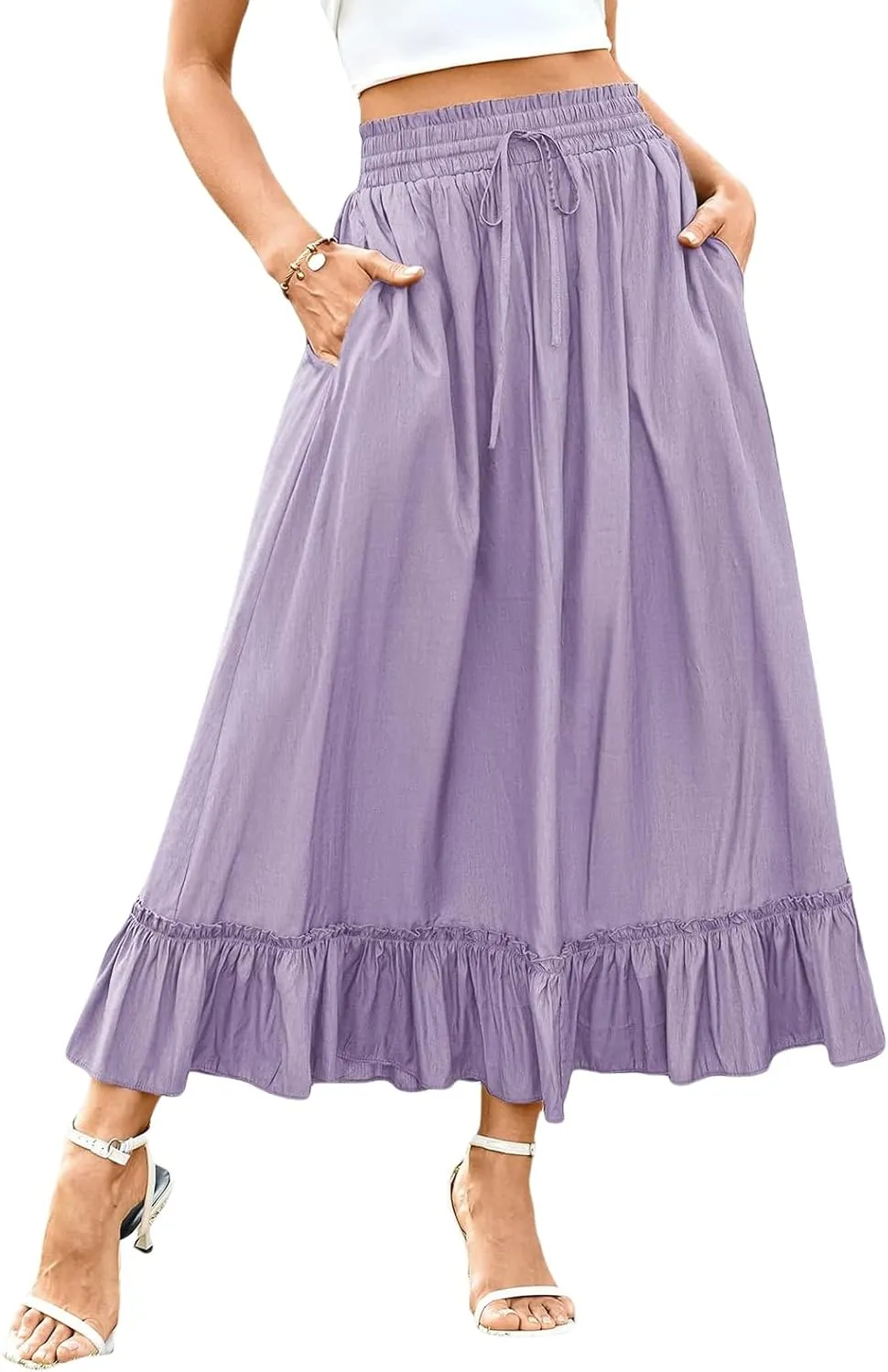 Maxi Skirts for Women 2025 Boho Tiered Elastic High Waisted Skirt Trendy Summer Pleated A-Line Flowy Skirts
