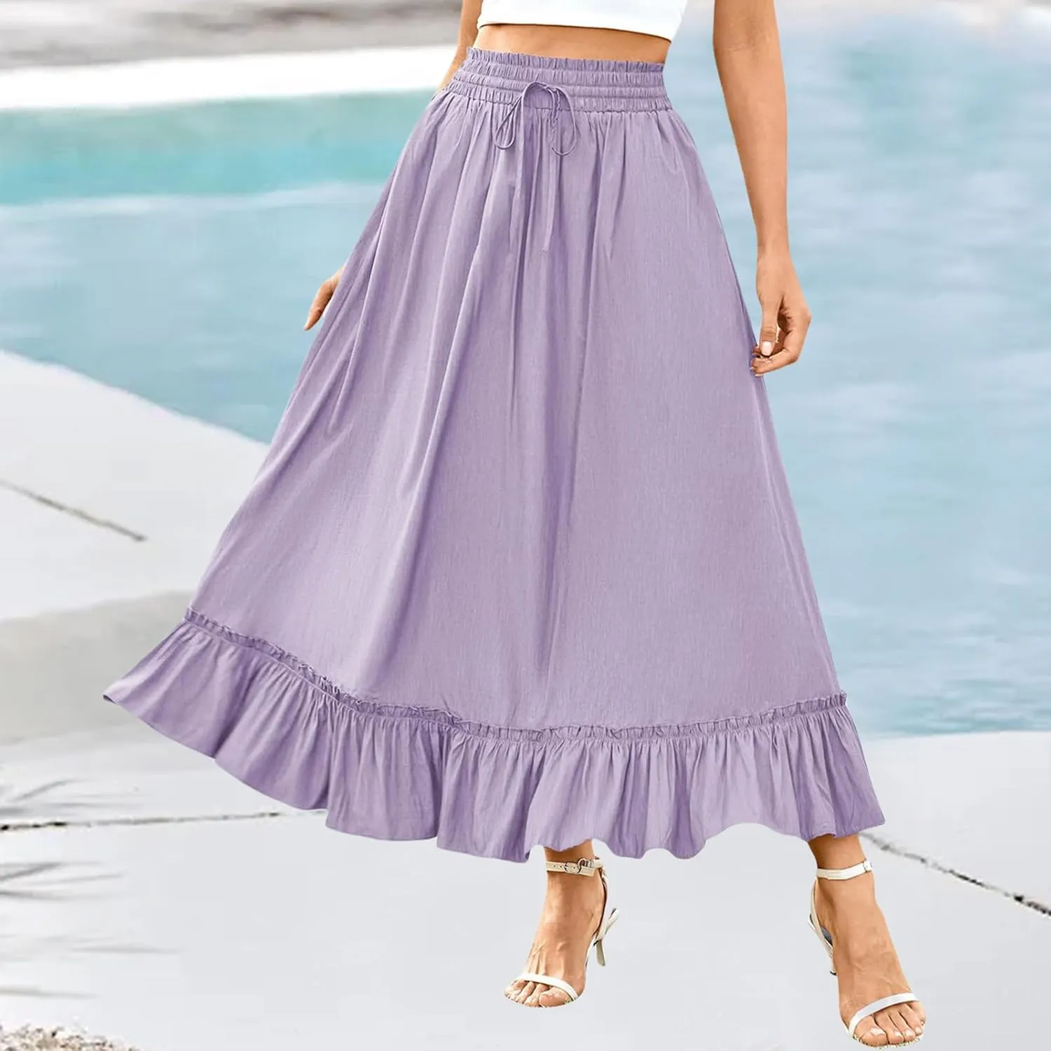 Maxi Skirts for Women 2025 Boho Tiered Elastic High Waisted Skirt Trendy Summer Pleated A-Line Flowy Skirts