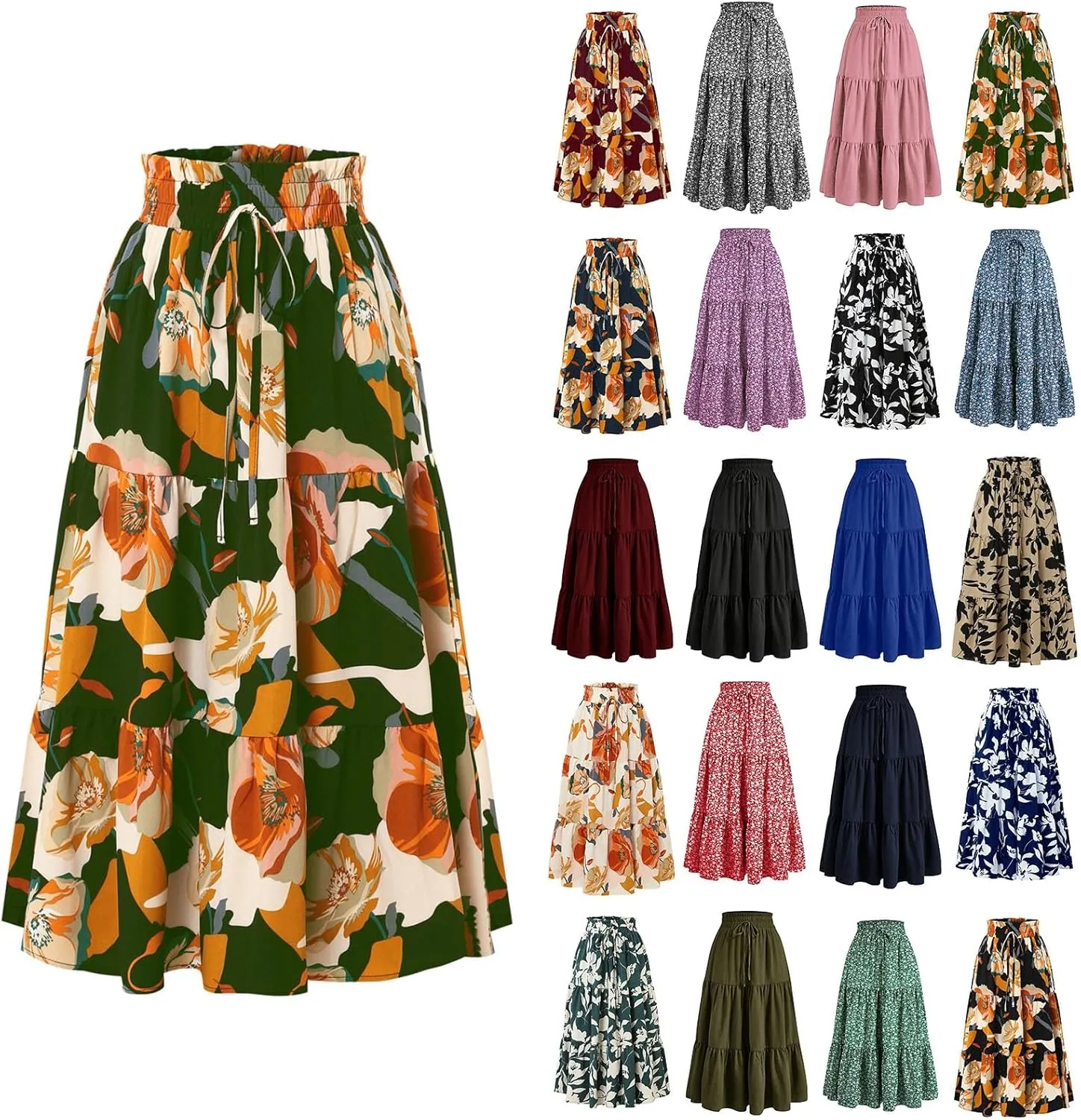 Maxi Skirts for Women 2025 Summer Elastic High Waisted Tiered Floral Skirts Beach Boho A-Line Flowy Swing Long Skirts