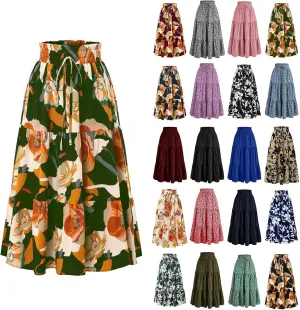 Maxi Skirts for Women 2025 Summer Elastic High Waisted Tiered Floral Skirts Beach Boho A-Line Flowy Swing Long Skirts