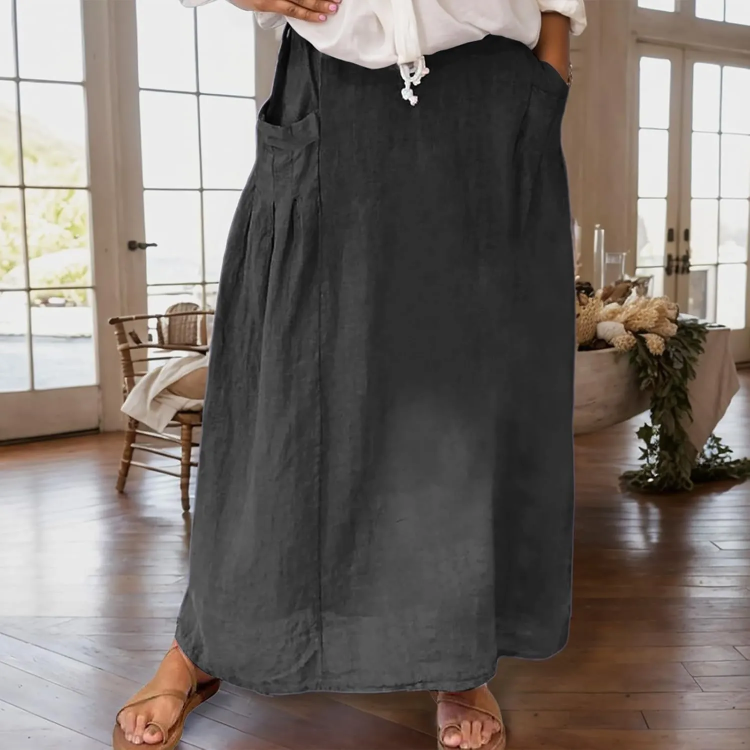 Maxi Skirts for Women 2025 Summer Plus Size High Waist A Line Long Travel Skirt with Pockets