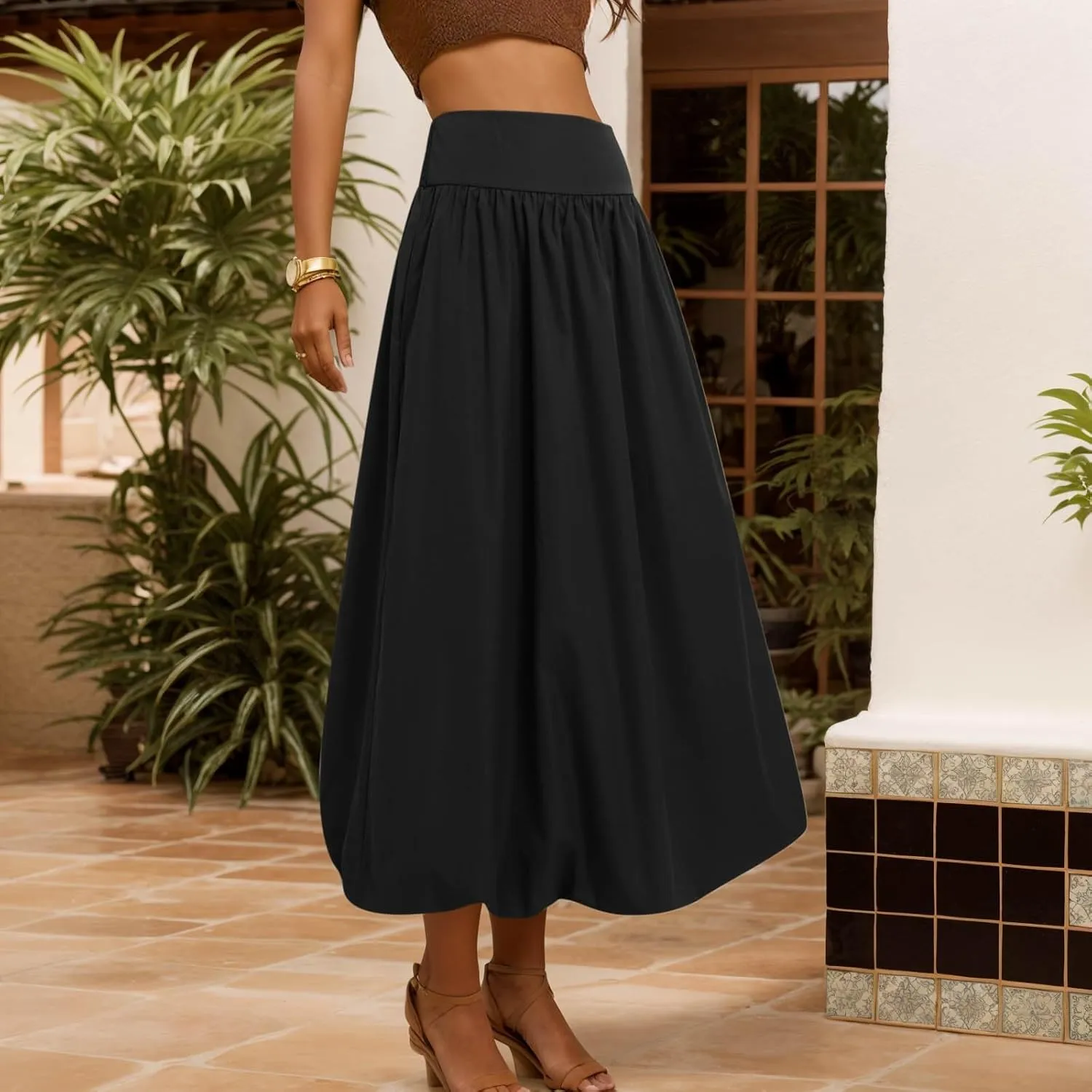 Maxi Skirts for Women 2025 Summer Vacation Flowy Elastic High Waisted Swing A Line Long Skirt