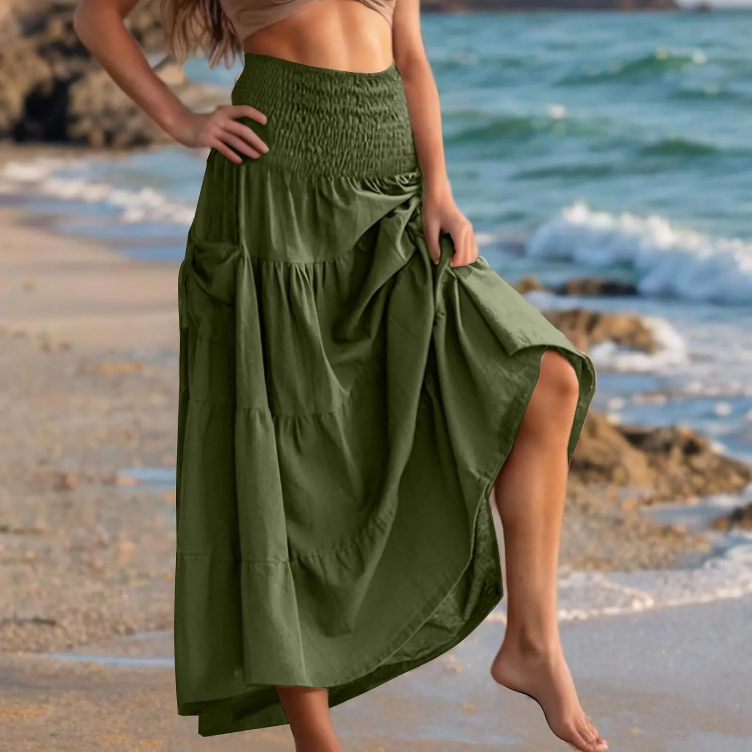 Maxi Skirts for Women Elastic High Waist Tiered A-Line Pleated Long Skirt Summer Flowy Swing Boho Solid Beach Clothes