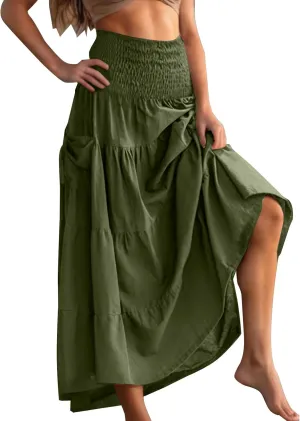 Maxi Skirts for Women Elastic High Waist Tiered A-Line Pleated Long Skirt Summer Flowy Swing Boho Solid Beach Clothes