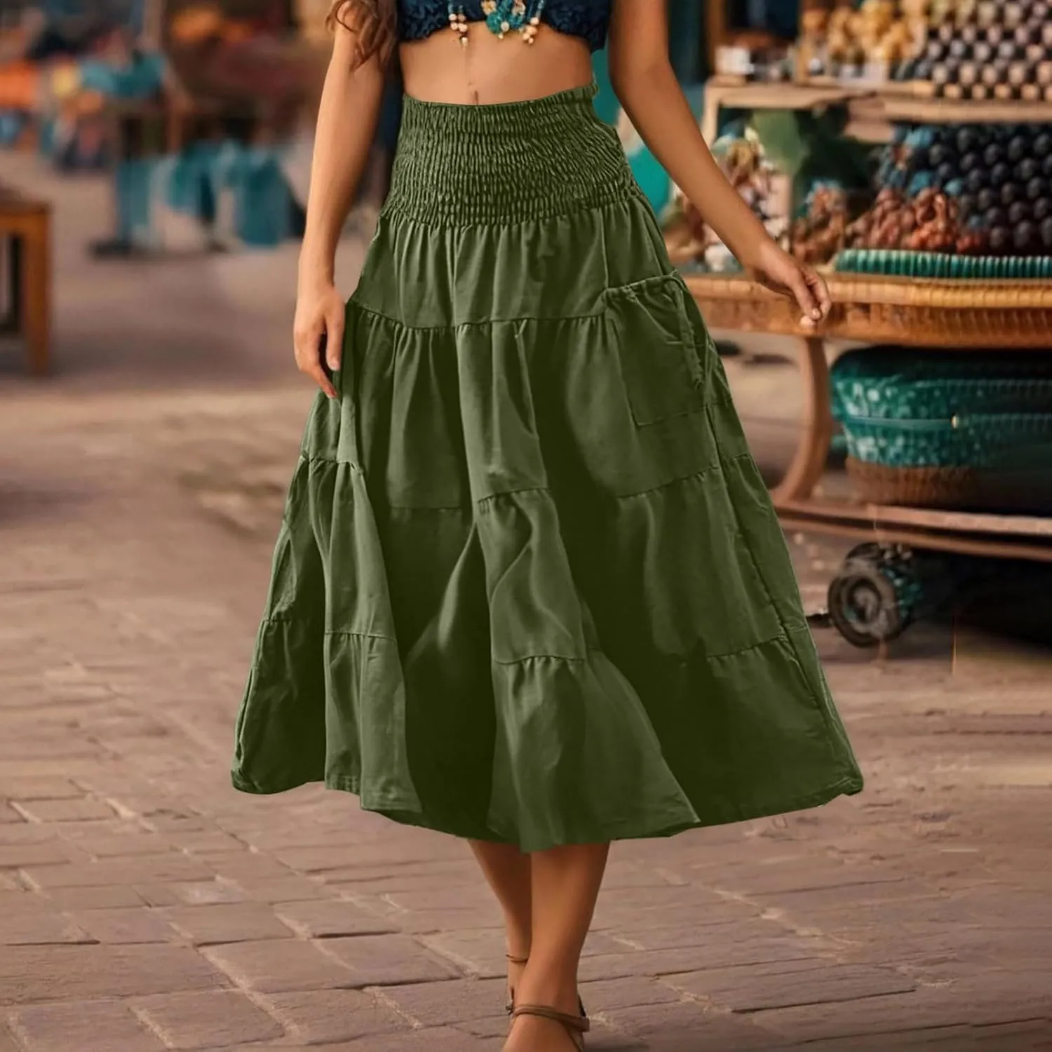 Maxi Skirts for Women Elastic High Waist Tiered A-Line Pleated Long Skirt Summer Flowy Swing Boho Solid Beach Clothes