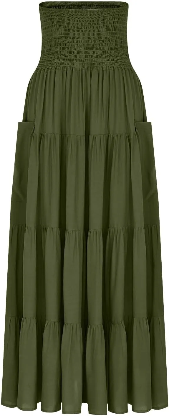 Maxi Skirts for Women Elastic High Waist Tiered A-Line Pleated Long Skirt Summer Flowy Swing Boho Solid Beach Clothes
