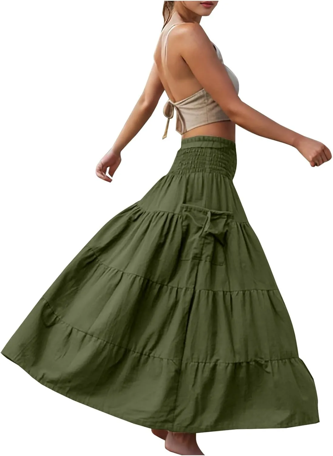 Maxi Skirts for Women Elastic High Waist Tiered A-Line Pleated Long Skirt Summer Flowy Swing Boho Solid Beach Clothes