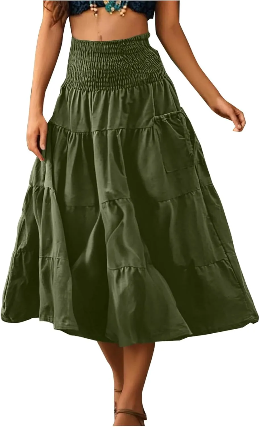 Maxi Skirts for Women Elastic High Waist Tiered A-Line Pleated Long Skirt Summer Flowy Swing Boho Solid Beach Clothes