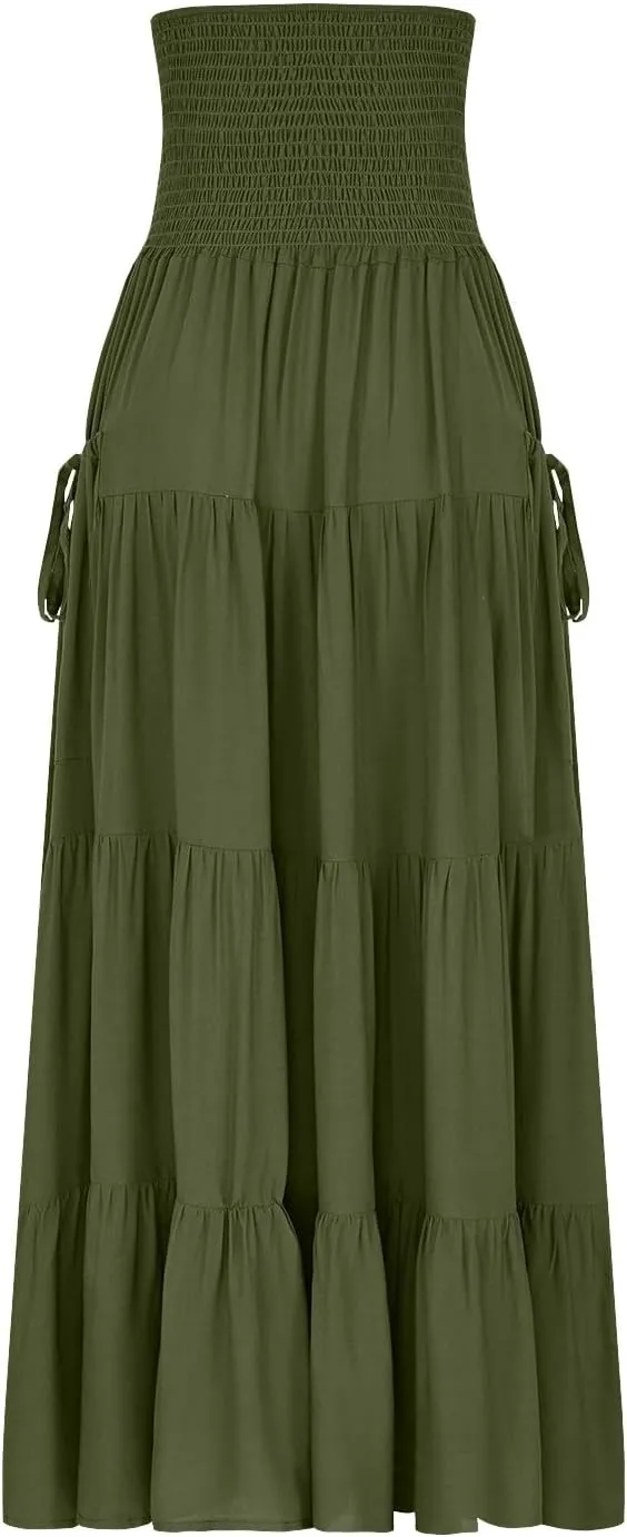 Maxi Skirts for Women Elastic High Waist Tiered A-Line Pleated Long Skirt Summer Flowy Swing Boho Solid Beach Clothes
