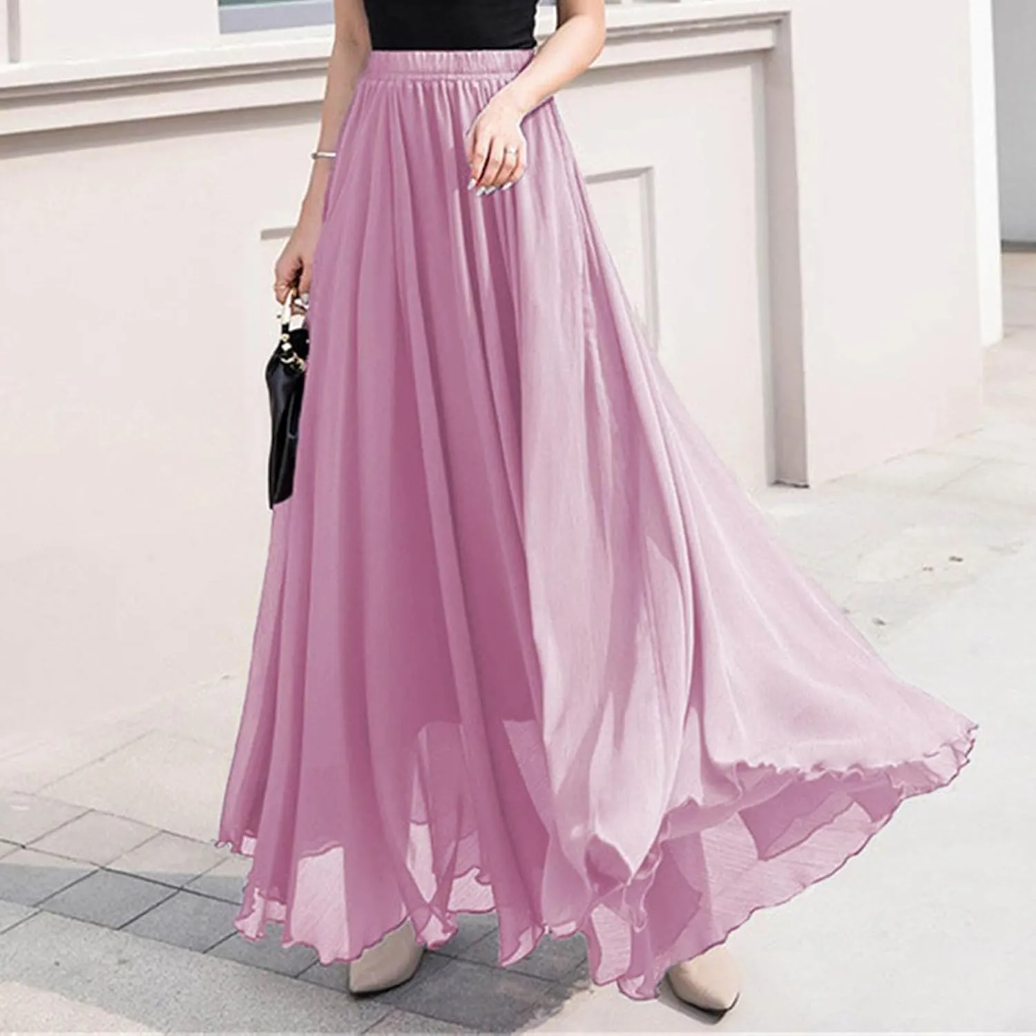 Maxi Skirts for Women Flowy Summer Skirt Elastic Waist Long Skirt Ankle Length Skirt Pleated Beach Skirt A Line Skirt