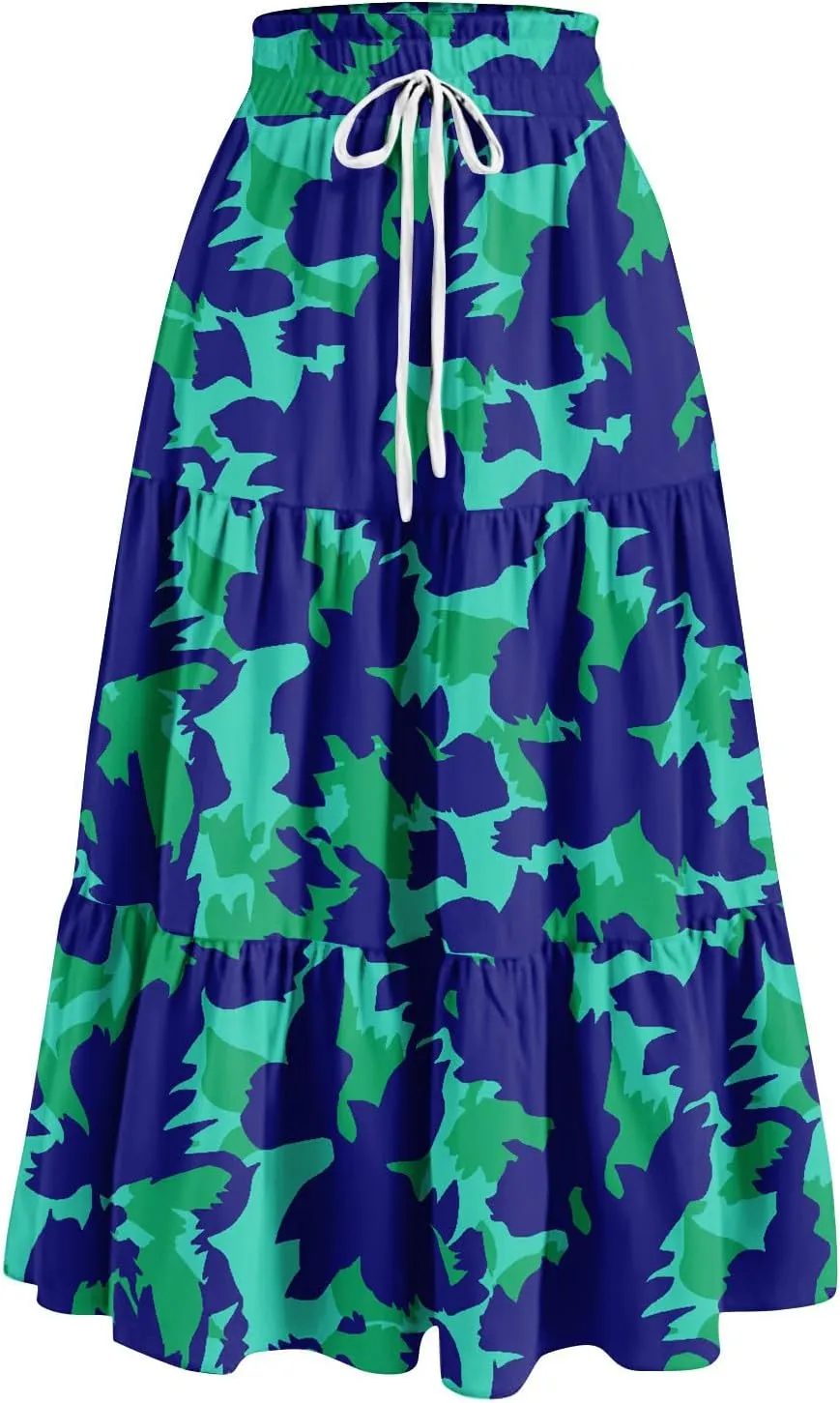 Maxi Skirts for Women Summer Boho Floral High Waisted Skirts Flowy Swing Pleated A-Line Beach Tiered Long Skirts
