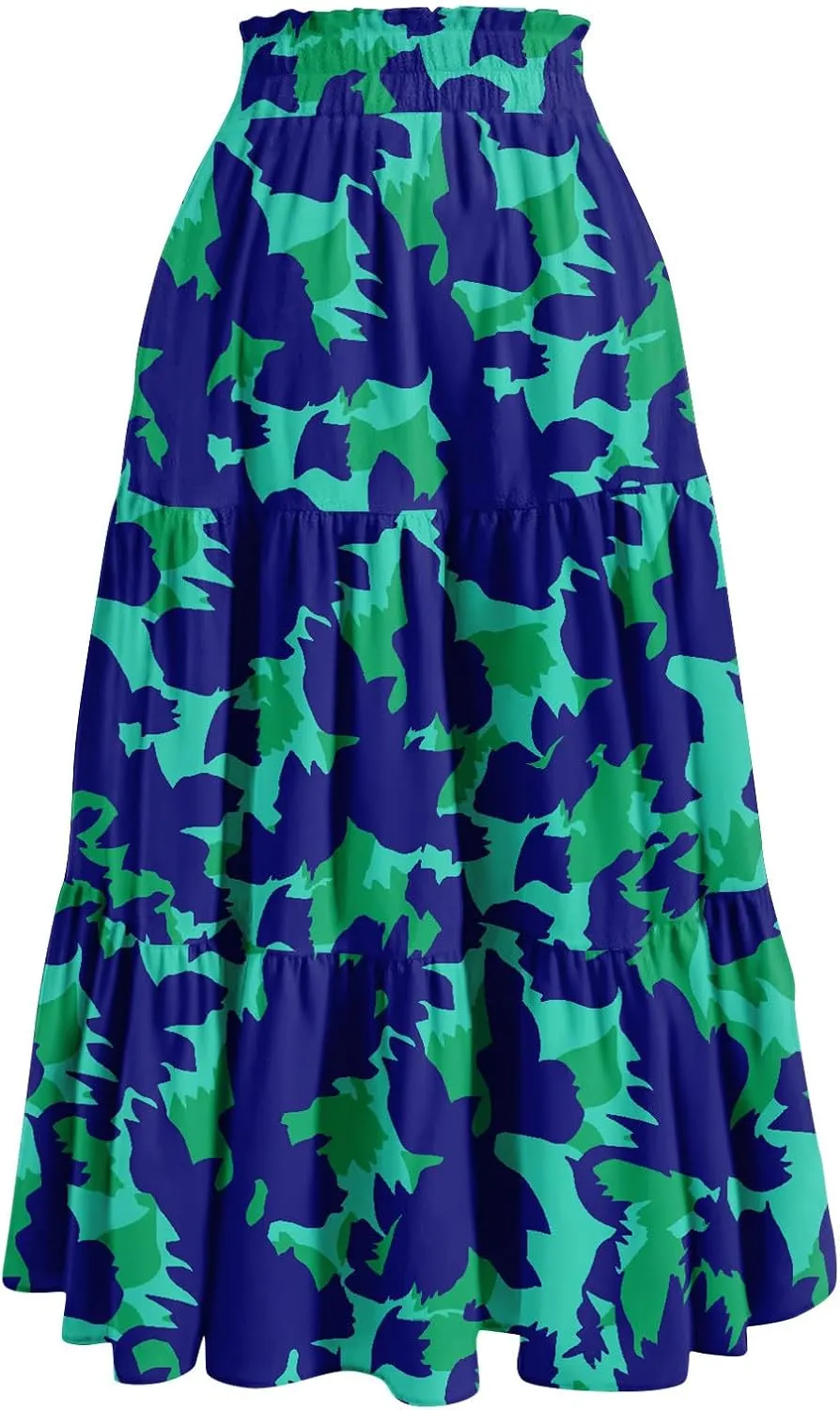Maxi Skirts for Women Summer Boho Floral High Waisted Skirts Flowy Swing Pleated A-Line Beach Tiered Long Skirts