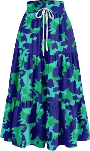 Maxi Skirts for Women Summer Boho Floral High Waisted Skirts Flowy Swing Pleated A-Line Beach Tiered Long Skirts