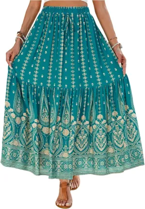 Maxi Skirts for Women,Elastic Waist Holiday Long Boho Skirt Spring Summer Beach Vacation Flowy Skirts 2025 Trendy