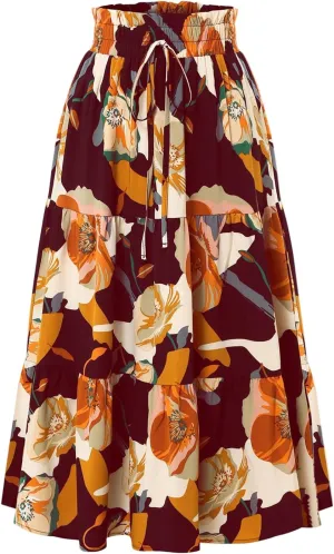 Maxi Skirts for Women,Trendy High Waisted Womens Boho Maxi Skirt with Pockets Pleated Flowy Long Skirts 2025
