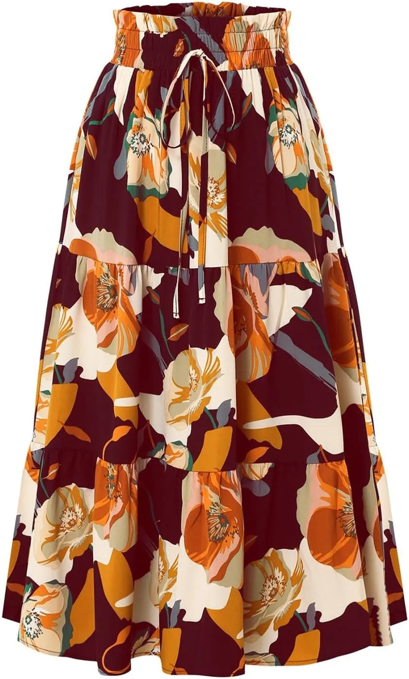 Maxi Skirts for Women,Trendy High Waisted Womens Boho Maxi Skirt with Pockets Pleated Flowy Long Skirts 2025