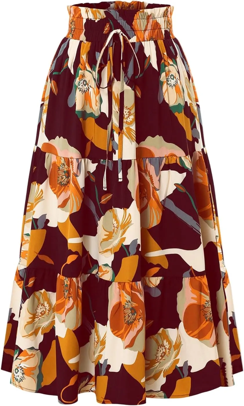 Maxi Skirts for Women,Trendy High Waisted Womens Boho Maxi Skirt with Pockets Pleated Flowy Long Skirts 2025