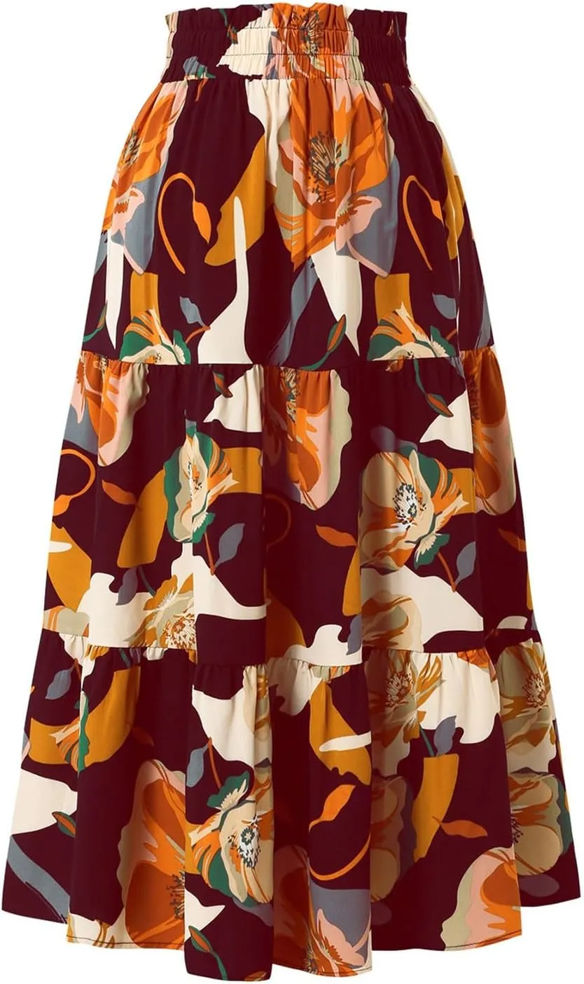 Maxi Skirts for Women,Trendy High Waisted Womens Boho Maxi Skirt with Pockets Pleated Flowy Long Skirts 2025