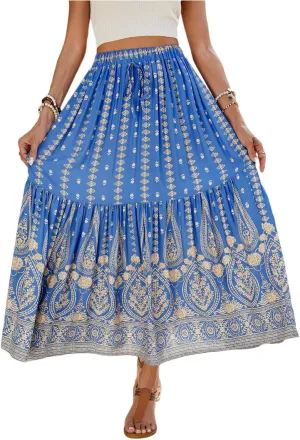 Maxi Skirts,Casual Flowy Skirts for Women 2025 Trendy Beach Vacation Long Boho Skirt Spring Summer Elastic Waist