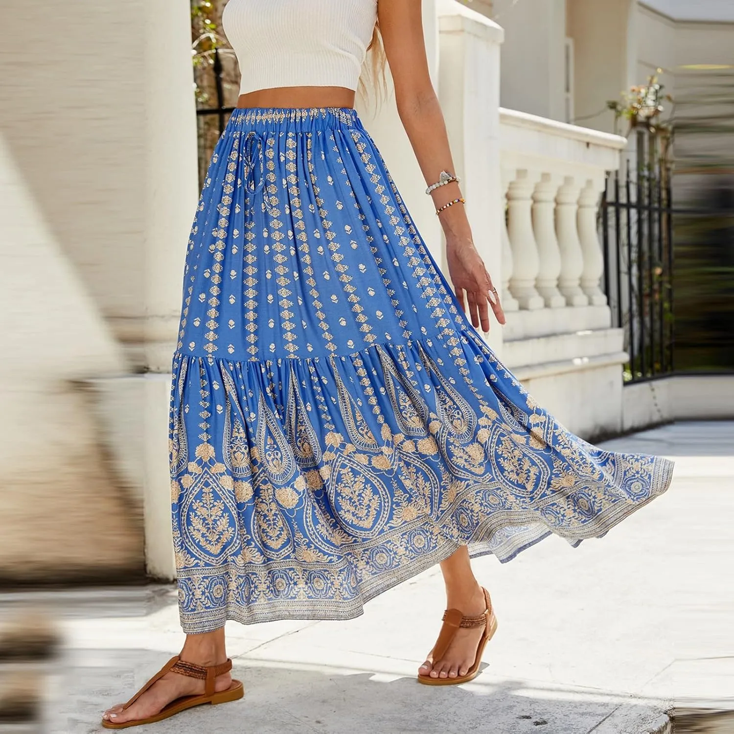 Maxi Skirts,Casual Flowy Skirts for Women 2025 Trendy Beach Vacation Long Boho Skirt Spring Summer Elastic Waist