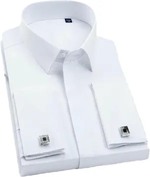 Men's French Cufflink Shirt with Long Sleeves Slim fit Concealed Buttons Solid Color Wedding Dress Formal Shirt Men