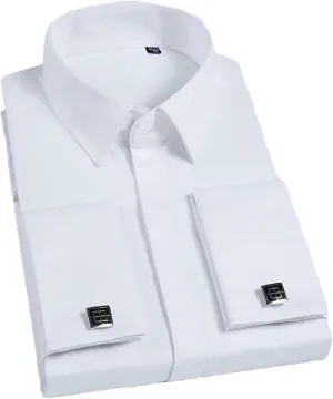 Men's French Cufflink Shirt with Long Sleeves Slim fit Concealed Buttons Solid Color Wedding Dress Formal Shirt Men
