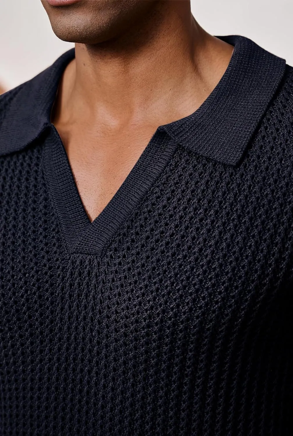 Mens Johnny Collar Polo Shirts Crochet Hollow Out Summer Casual Shirt (S-XXL)