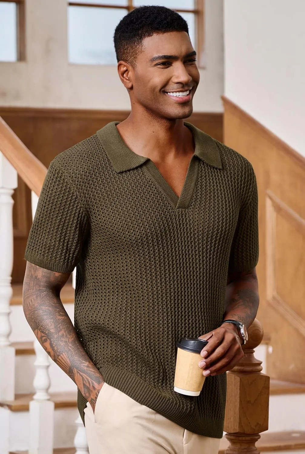 Mens Johnny Collar Polo Shirts Crochet Hollow Out Summer Casual Shirt (S-XXL)