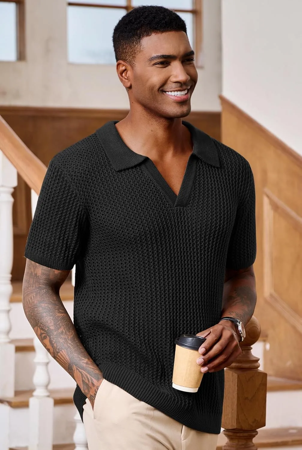 Mens Johnny Collar Polo Shirts Crochet Hollow Out Summer Casual Shirt (S-XXL)