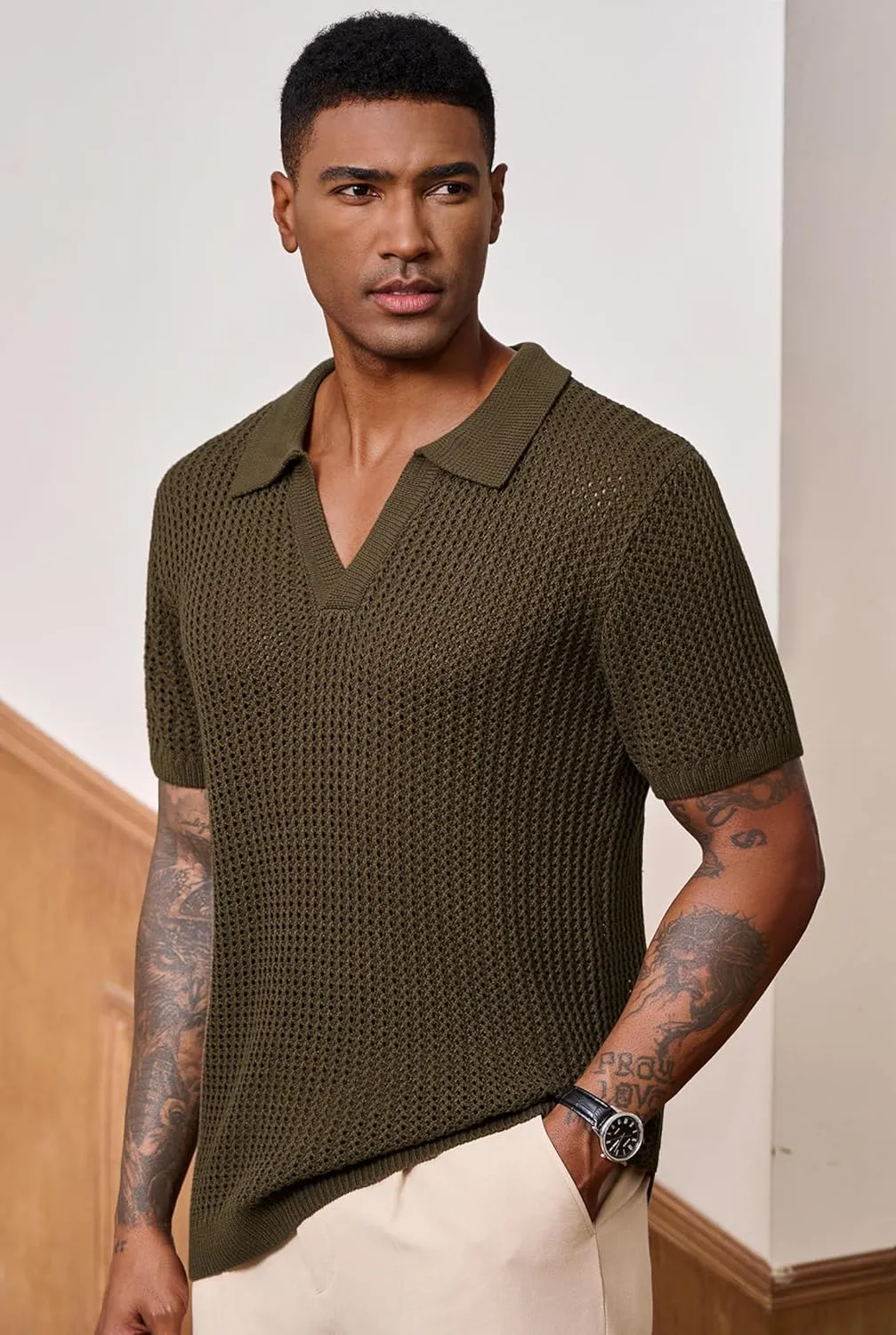 Mens Johnny Collar Polo Shirts Crochet Hollow Out Summer Casual Shirt (S-XXL)