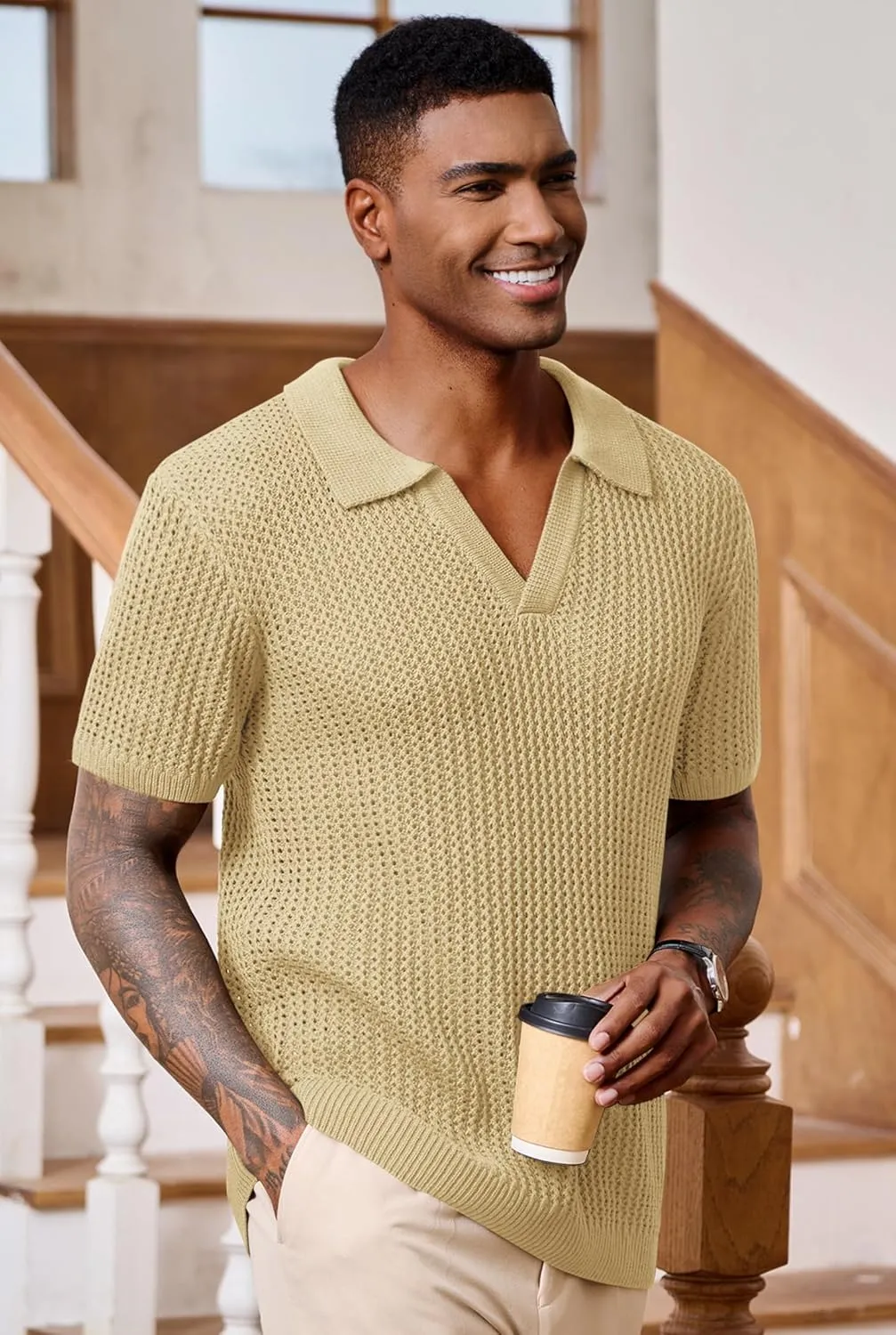 Mens Johnny Collar Polo Shirts Crochet Hollow Out Summer Casual Shirt (S-XXL)