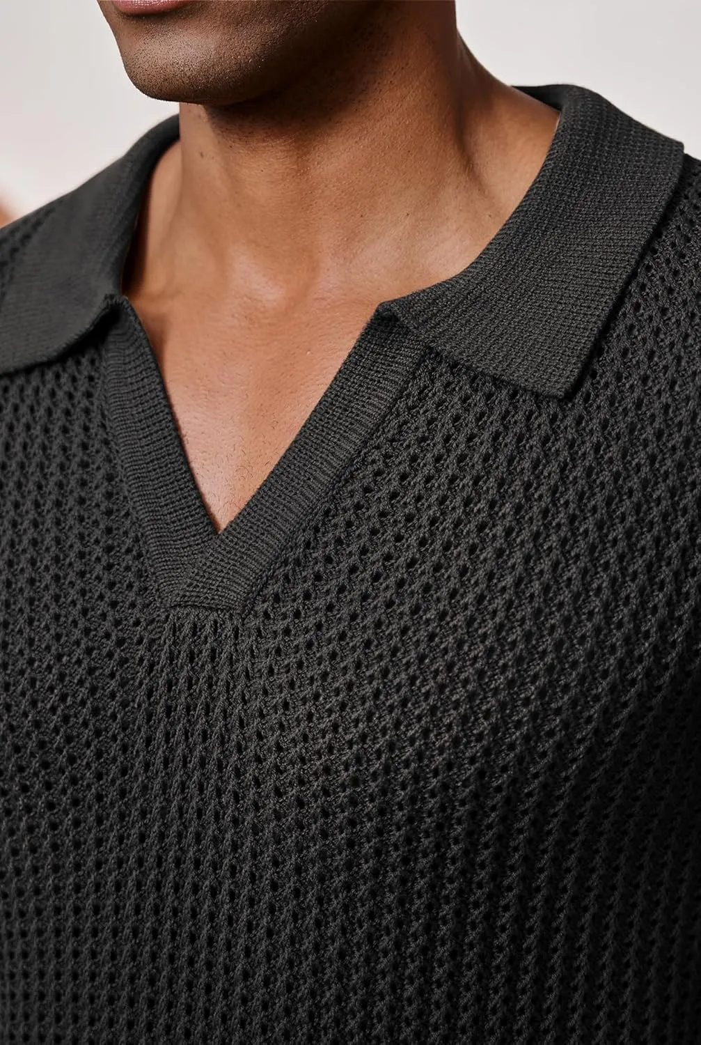 Mens Johnny Collar Polo Shirts Crochet Hollow Out Summer Casual Shirt (S-XXL)