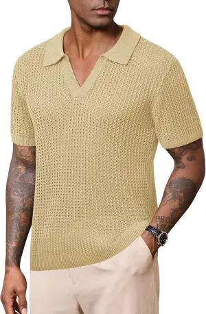 Mens Johnny Collar Polo Shirts Crochet Hollow Out Summer Casual Shirt (S-XXL)