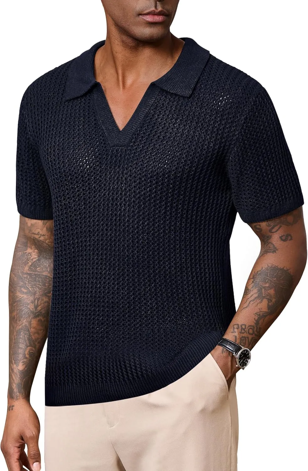 Mens Johnny Collar Polo Shirts Crochet Hollow Out Summer Casual Shirt (S-XXL)