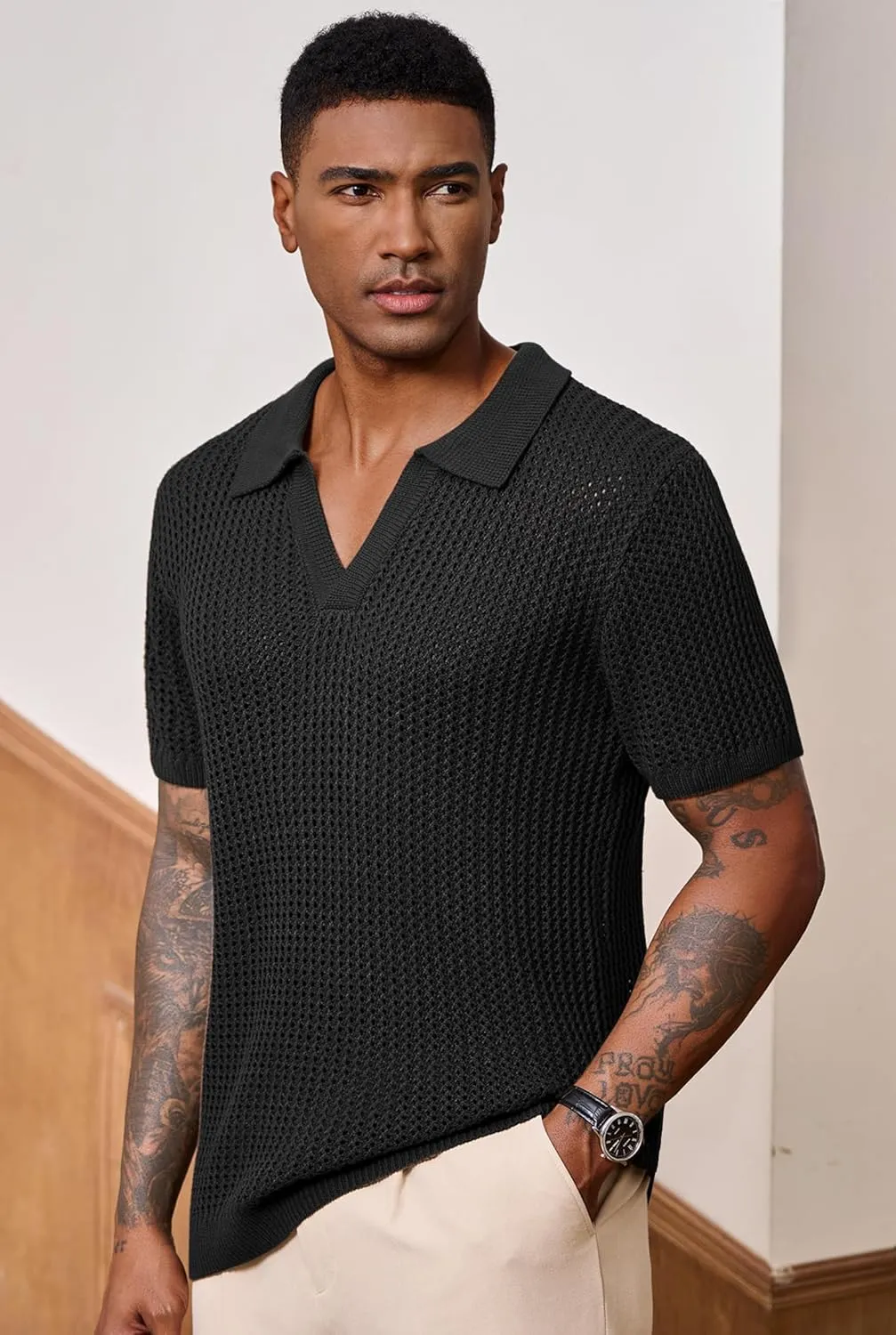 Mens Johnny Collar Polo Shirts Crochet Hollow Out Summer Casual Shirt (S-XXL)