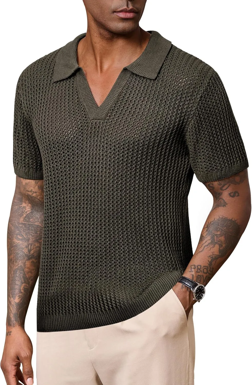 Mens Johnny Collar Polo Shirts Crochet Hollow Out Summer Casual Shirt (S-XXL)