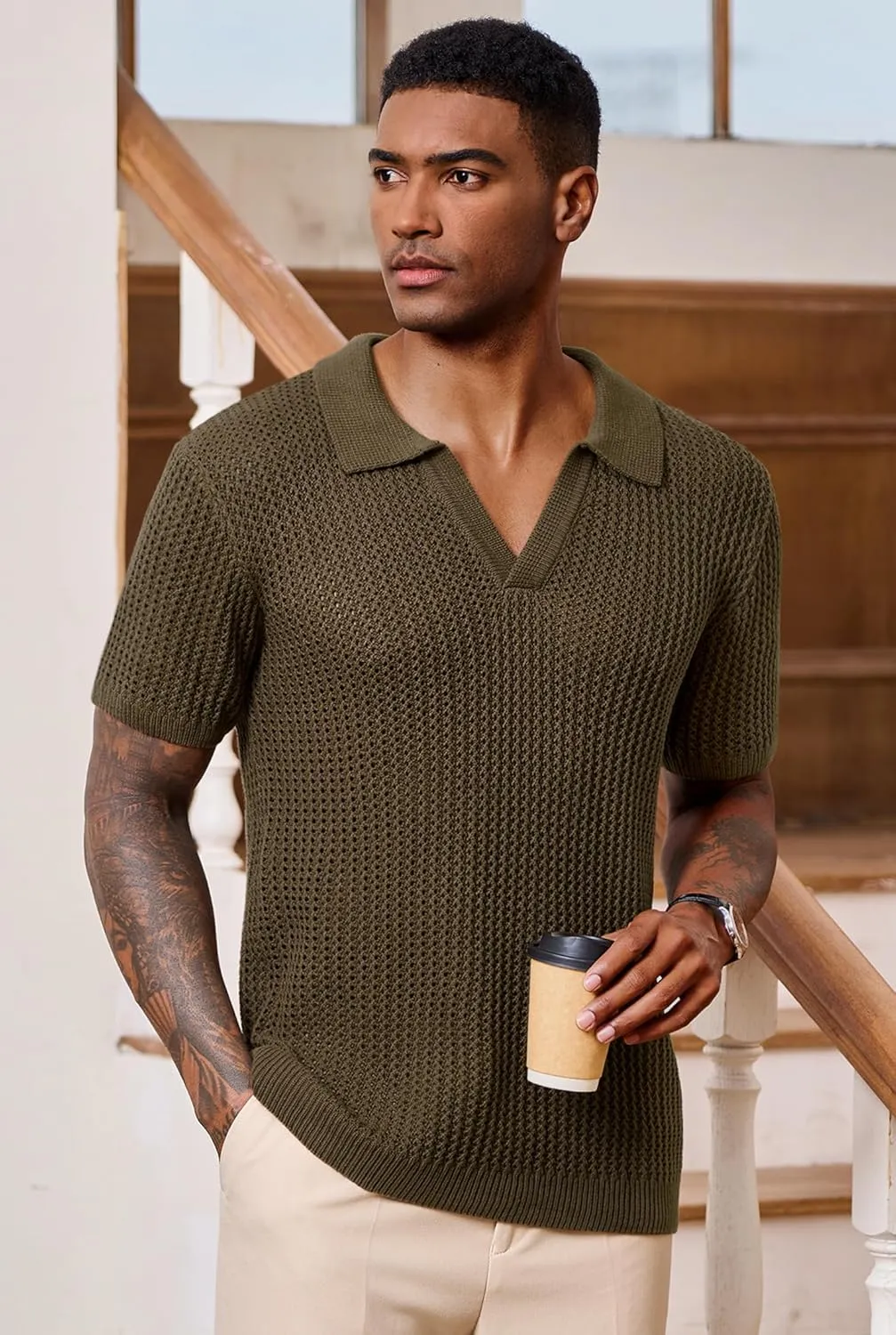 Mens Johnny Collar Polo Shirts Crochet Hollow Out Summer Casual Shirt (S-XXL)