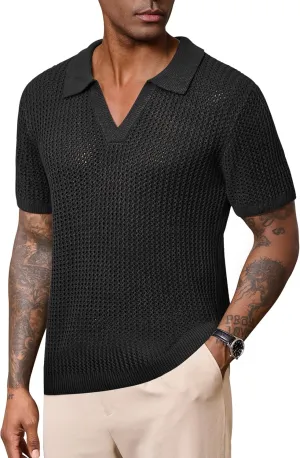 Mens Johnny Collar Polo Shirts Crochet Hollow Out Summer Casual Shirt (S-XXL)