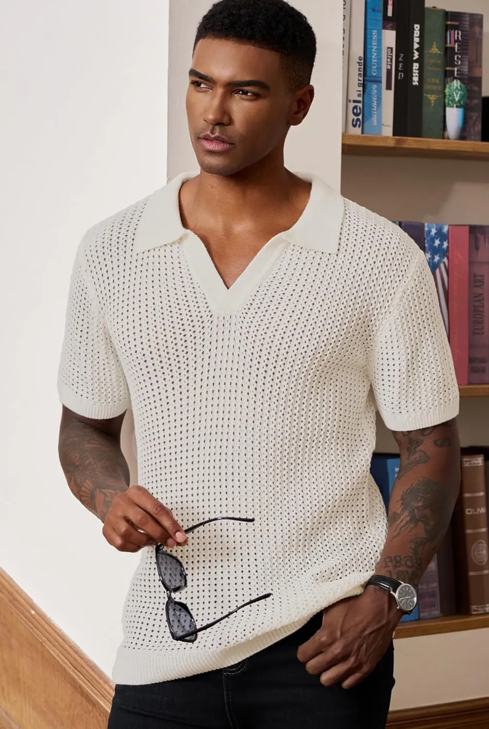 Mens Johnny Collar Polo Shirts Crochet Hollow Out Summer Casual Shirt (S-XXL)