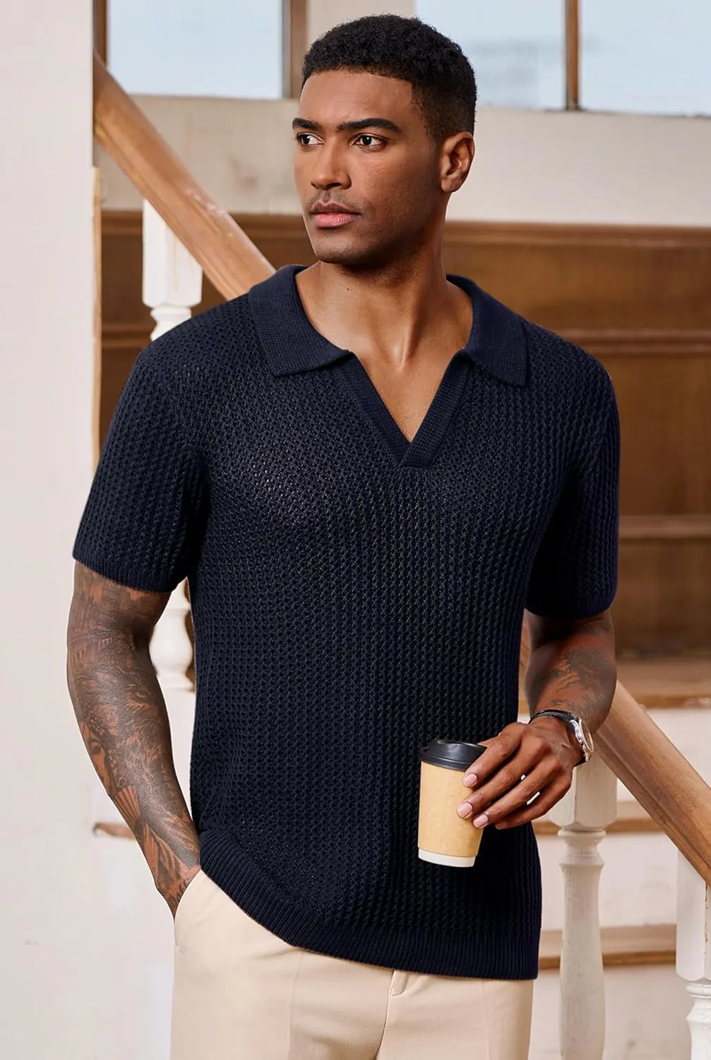 Mens Johnny Collar Polo Shirts Crochet Hollow Out Summer Casual Shirt (S-XXL)